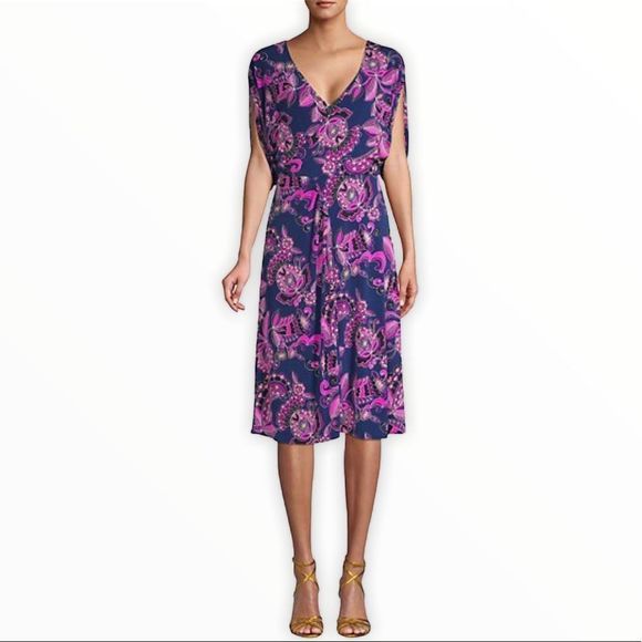Trina Turk Floral Print Knee Length Dress NWT size 2 Navy Pink - Picture 1 of 14